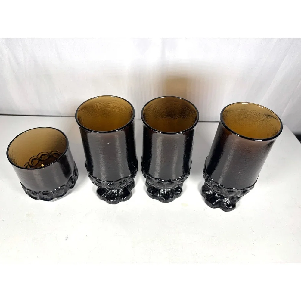 Vintage Indiana Glass Kings Crown Amber Goblets Tumblers Set Mid Century 4 Pc
